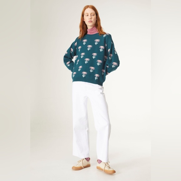 Compania Fantastica Jacquard Sweater Small Long Sleeve Daisy Floral turquoise - Picture 4 of 11